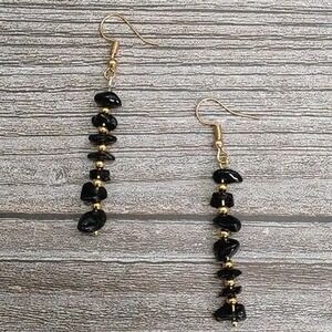 Dangle Earrings Black Gemstone‎ Chips Beaded Gold Tone Women's Jewelry